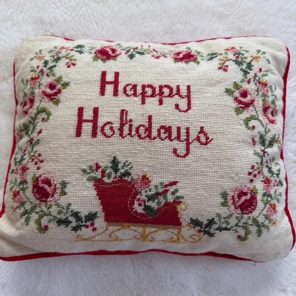 Vintage Needlepoint Pillow “Happy Holidays” Christmas Floral Red Velvet 13” x 12